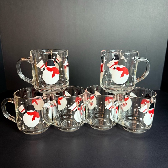 Vintage 6 Luminarc Snowman Clear Glass Coffee Cup Mug Winter Holiday Christmas - Picture 1 of 11
